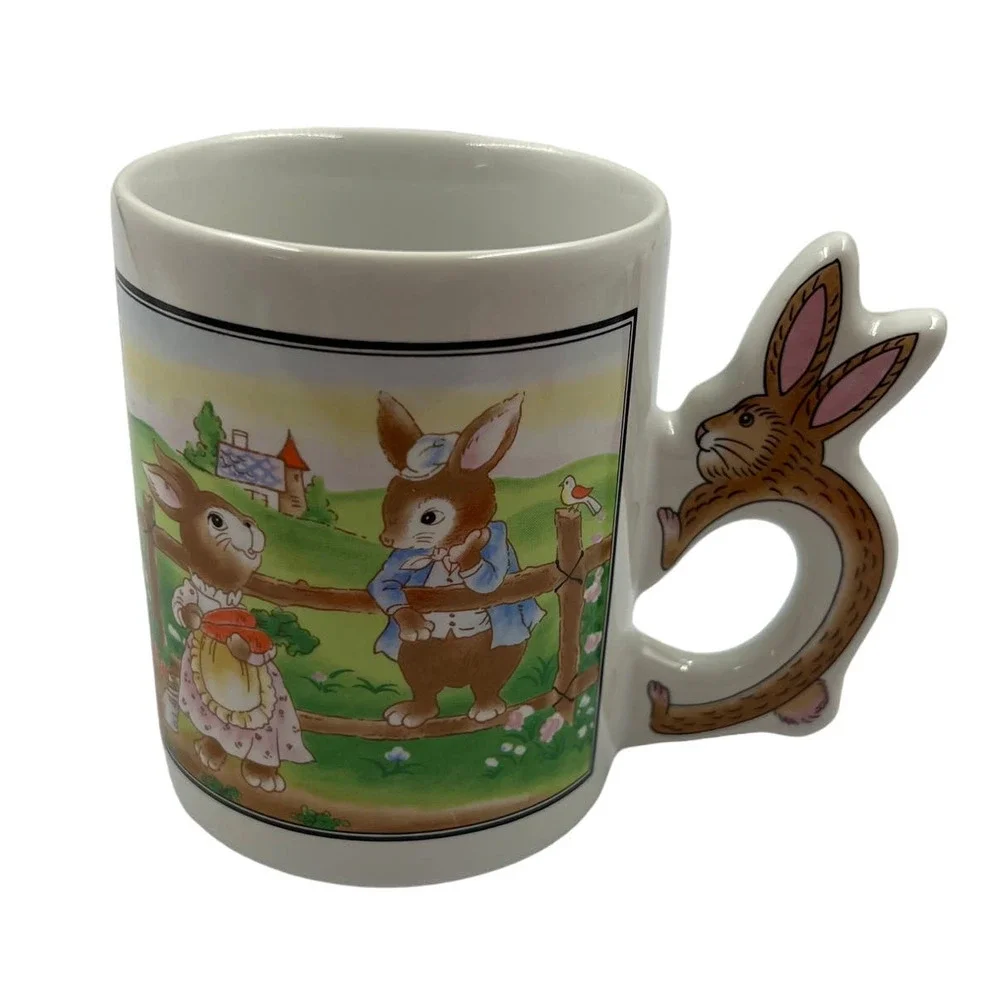 Vintage Glazed Ceramic Coffee Mug Cup Spring Easter‎ Bunny Rabbit Handle